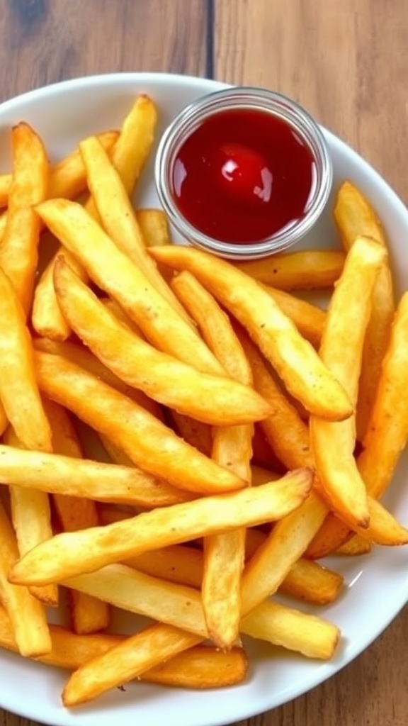 Crispy Air Fryer French Fries from Trader Joe Crispy air fryer French fries on a plate with ketchup on a wooden table.